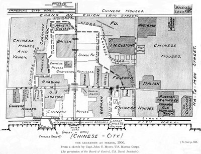 Diagram showing locations of foreign diplomatic legations in Peking during the Boxer siege, 1900, drawing, ca. 1900, creator: John T Myers, in: Sir William Laird Clowes, The Royal Navy : a history from the earliest times to the present, London 1903, vol. VII, p. 551, http://www.archive.org/details/royalnavy07clow; source: Wikimedia Commons, https://commons.wikimedia.org/wiki/File:Western_Legations_Peking_1900_Clowes_Vol_VII.jpeg, public domain.